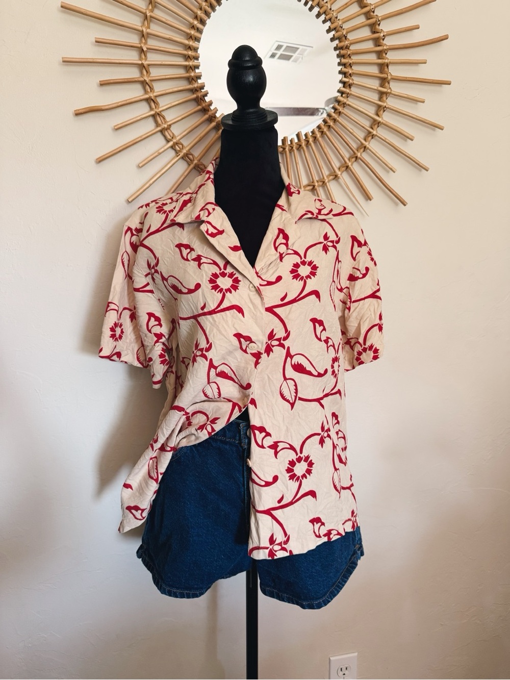 Cream and Red Floral Short-Sleeve Button-Up Top